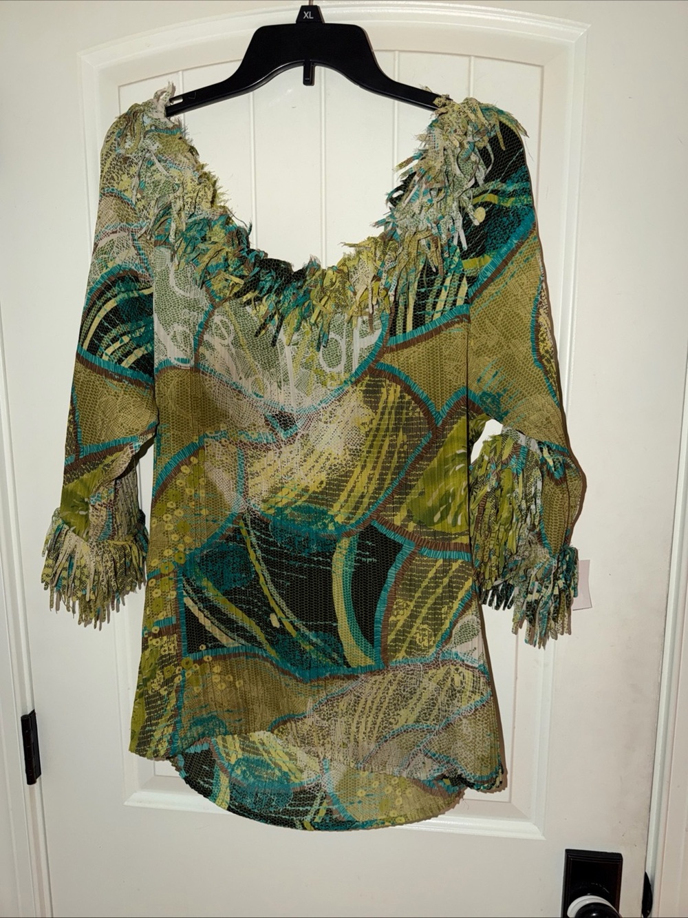 AGORA Accordion Pleats Fabric Fringed Wide Neck Cuffs Green Turquoise Top Wm's L